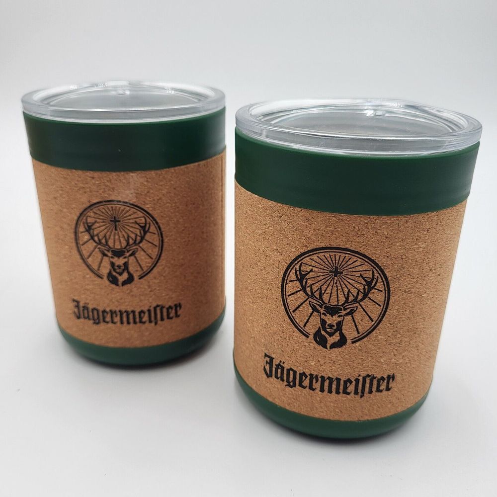 Set of 2 Jagermeister Insulated Green Cork 10oz Tumblers Cups Mugs‎ With Lids